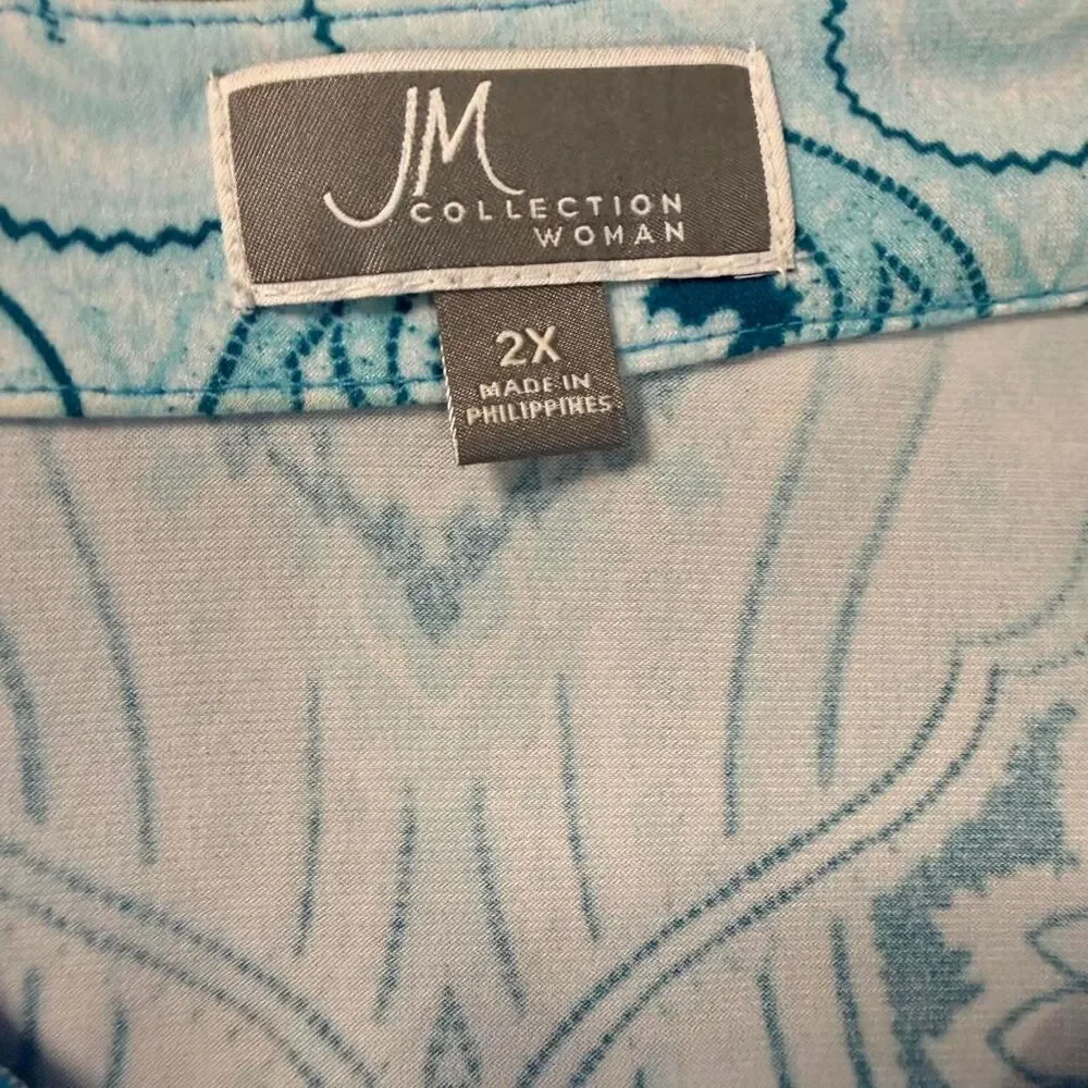 JM Collection Woman 2X Blue Paisley Tunic Top Embellished V-Neck 3/4 Sleeve